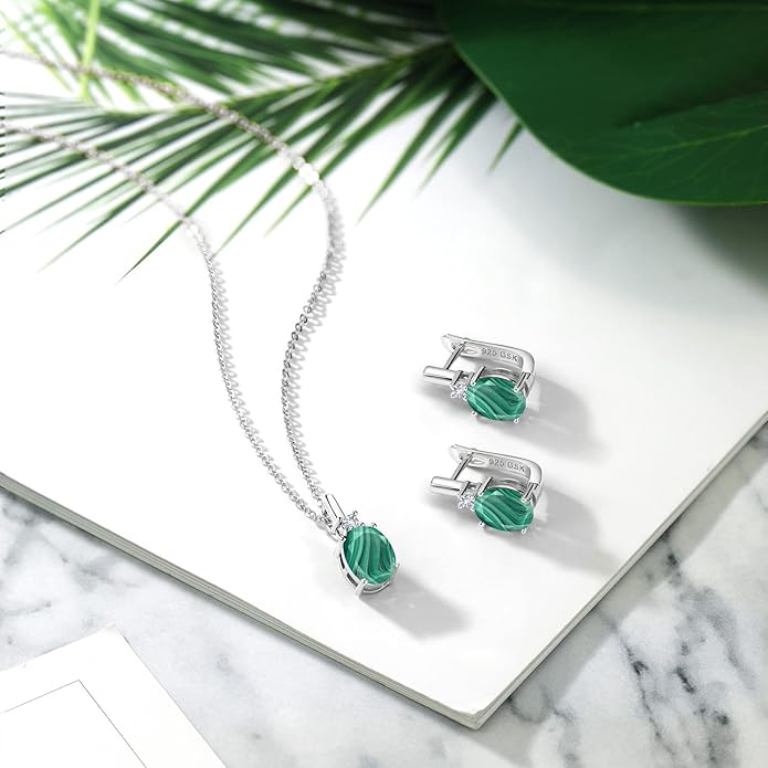 Gemstone Birthstone and White Created Sapphire Pendant and Earrings Jewelry Set for Women in 925 Sterling Silver | Oval 8X6MM and Round 2.5MM | With 18 Inch Chain | Fine Jewelry for Her Mom Women Wife