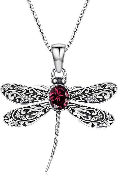 Vintage Dragonfly Necklace for Women 925 Sterling Silver, Oval Birthstone Dragonfly Pendant Boho Jewelry Birthday Gift for Her, Mom, Grandma