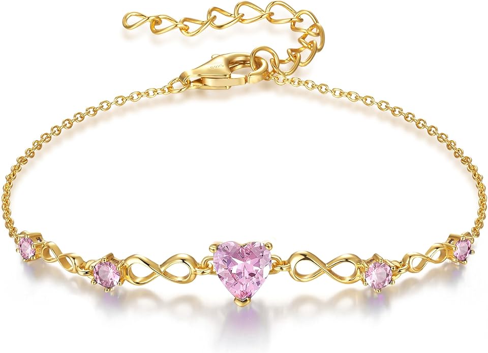 G&GEMSJEW Infinity Heart Birthstone Bracelets for Women, 925 Sterling Silver Women Charm Link Bracelet Adjustable, Birthday Anniversary Christmas Jewelry Gifts for Women Wife Mom Girlfriend Her