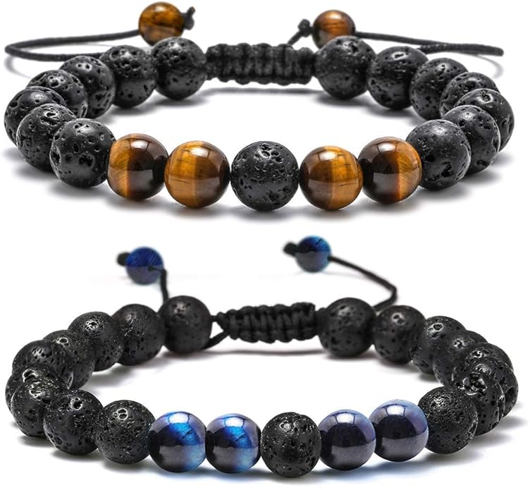 M MOOHAM Natural Stone Bracelets for Men - 8mm Tiger Eye, Matte Agate, Lava Rock - Teen Boys Gifts for Birthday, Anniversary, Christmas