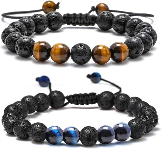 M MOOHAM Natural Stone Bracelets for Men - 8mm Tiger Eye, Matte Agate, Lava Rock - Teen Boys Gifts for Birthday, Anniversary, Christmas