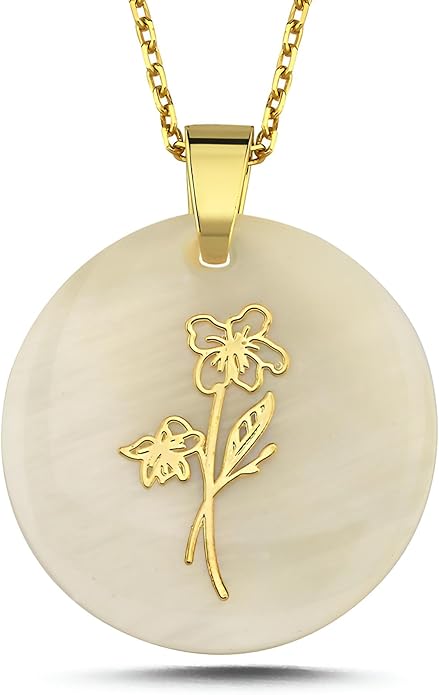 ONTHOLOGIE Birth Month Flower Necklace on Natural Mother of Pearl, 925K Sterling Silver Pendant Birth Flower Necklace, Personalized Birth Month Jewelry, Meaningful Gift for Women