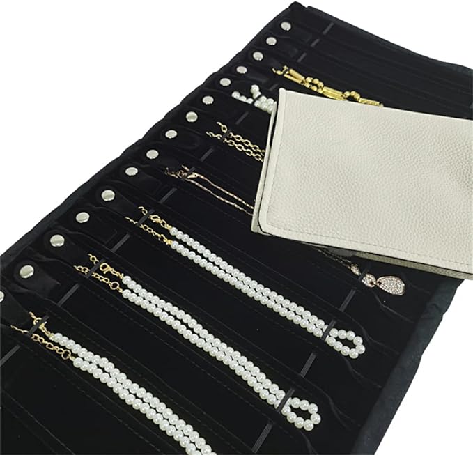 SCIKHEFT Portable Jewelry Roll Untangled Secure Necklace Travel Storage Bag Displays Holder 16 Chain (Gray PU and Black Velvet)