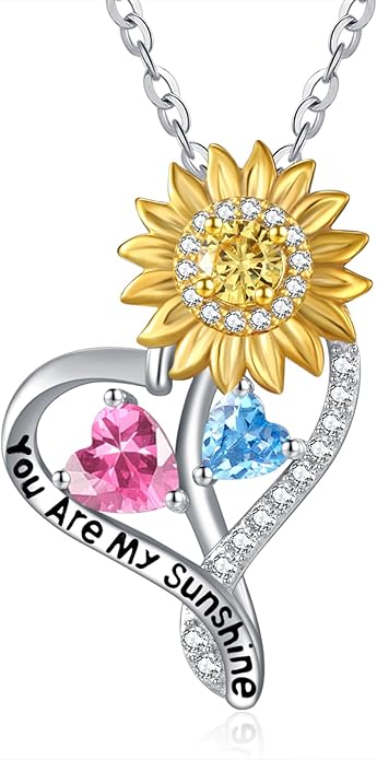 Zeuslia Double Birthstone Necklace Gifts for Wife - 925 Sterling Silver Sunflower/Rose/Crown Cross/Compass/Heart Pendant I Love You Necklace, Anniversary Birthday Gifts for Wife Girlfriend Mom Her