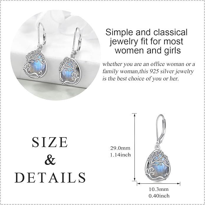 Moonstone Filigree Drop Dangle Teardrop Earrings 925 Sterling Silver Moonstone Leverback Earrings for Women Jewelry Gifts