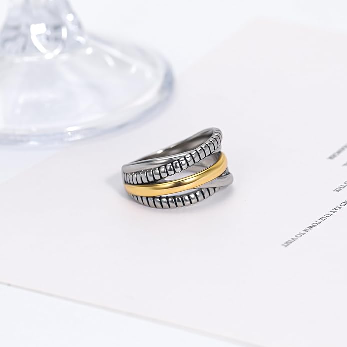 Two-Tone Wide Statement Ring for Women - Gold Silver Crossover Band with Ribbed Texture - Modern Fashion Jewelry Cocktail Ring - Mixed Metal Layered Design
