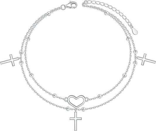 Anklet for Women S925 Sterling Silver Adjustable Foot Evil Eye Starfish Heart Bead Butterfly Celtic Knot Cross Multilayer Layered Ankle Bracelet Jewelry