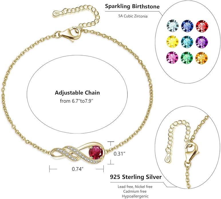 Birthstone Bracelets for Women 925 Sterling Silver Created Gemstone Bracelet Infinity Pendant Jewelry for Her, 6.7"+1.2"