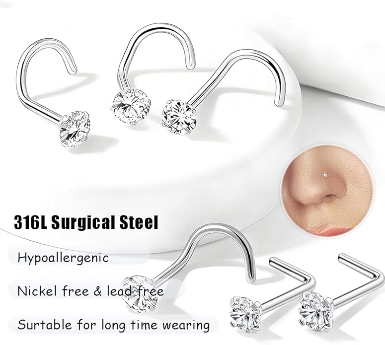 Nose Rings Studs: 8Pcs 20G Gold/Silver 316L Surgical Stainless Steel Nose Studs Hypoallergenic Corkscrew Nose Piercing Stud Jewelry for Women Men Clear Cubic Zirconia Imitation Diamond Top Size 1.5mm 2mm 2.5mm 3mm