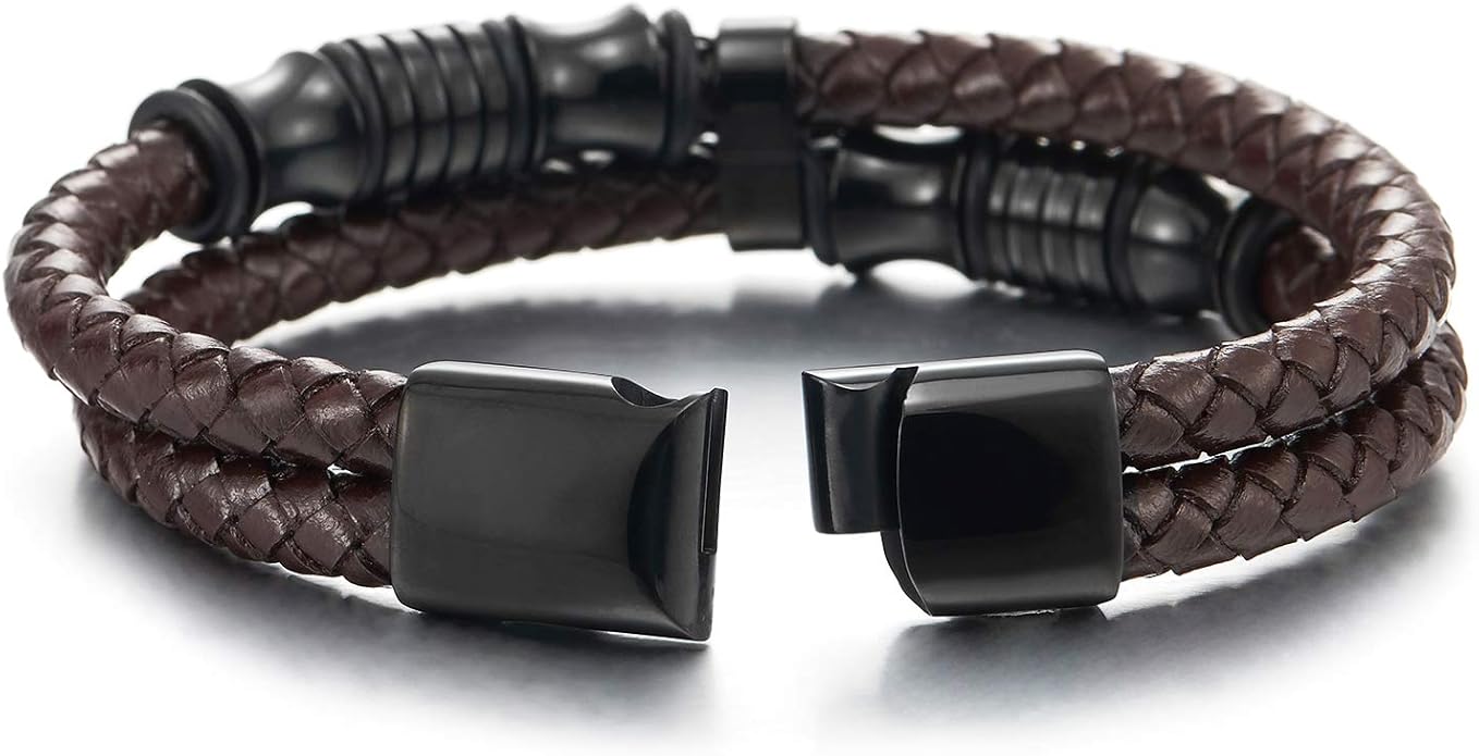 COOLSTEELANDBEYOND Mens Double-Row Braided Leather Bracelet Bangle Wristband with Stainless Steel Ornaments