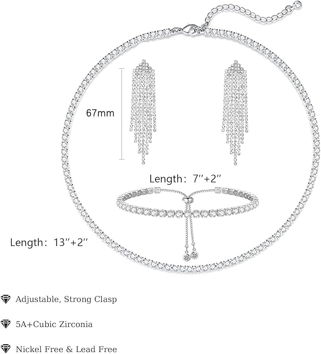 Tennis Necklace Bracelet for Women, Sterling Sliver, Dainty Chocker Necklace, Crystal Bracelet for Women, Wedding Jewelry for Bride, Sparkly Party Prom Hypoallergenic