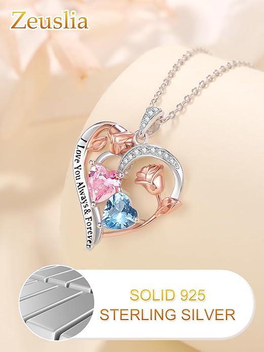 Zeuslia Double Birthstone Necklace Gifts for Wife - 925 Sterling Silver Sunflower/Rose/Crown Cross/Compass/Heart Pendant I Love You Necklace, Anniversary Birthday Gifts for Wife Girlfriend Mom Her