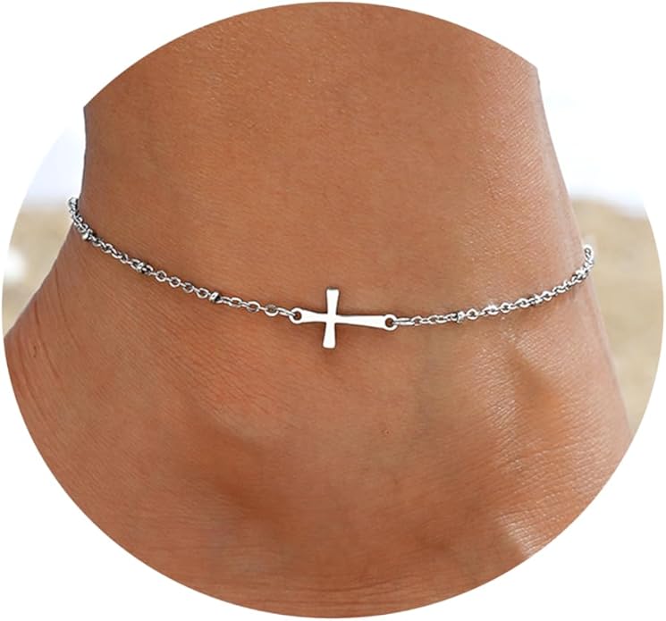 Ankle Bracelets for Women Dainty 18K Gold Plated Anklet Waterproof Round Beaded Paperclip Herringbone Pearl Chain Anklets Waterproof Beach Foot Jewelry