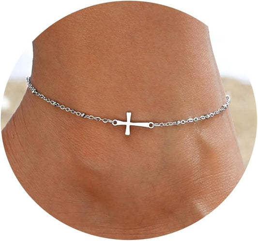 Ankle Bracelets for Women Dainty 18K Gold Plated Anklet Waterproof Round Beaded Paperclip Herringbone Pearl Chain Anklets Waterproof Beach Foot Jewelry
