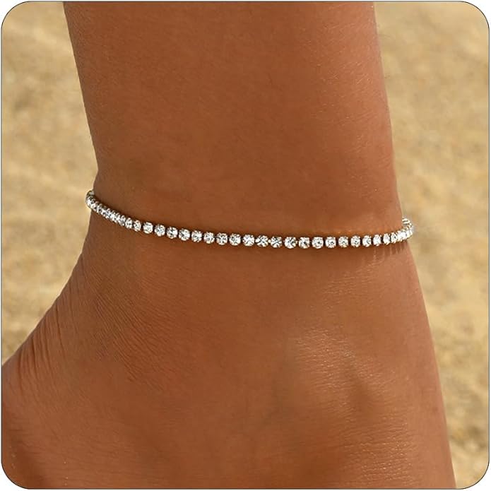 Anklet Bracelets for Women 18K Gold Plated Tennis Anklets Dainty Sapphire Paperclip Pearl Sequin Droplet Adjustable Large Anklet Bracelets Simple Beach Summer Waterproof Foot Jewelry