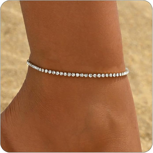 Anklet Bracelets for Women 18K Gold Plated Tennis Anklets Dainty Sapphire Paperclip Pearl Sequin Droplet Adjustable Large Anklet Bracelets Simple Beach Summer Waterproof Foot Jewelry