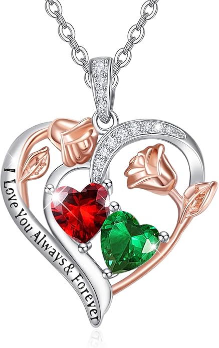 Zeuslia Double Birthstone Necklace Gifts for Wife - 925 Sterling Silver Sunflower/Rose/Crown Cross/Compass/Heart Pendant I Love You Necklace, Anniversary Birthday Gifts for Wife Girlfriend Mom Her