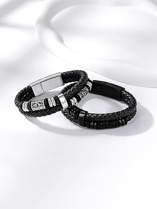 Bestyle Genuine Men Leather Bracelets Fashion Stainless Steel Celtic/Sport Ball Bead Cuff Wirstband Bracelets for Men, Size 7.5/8.3/9.1Inch