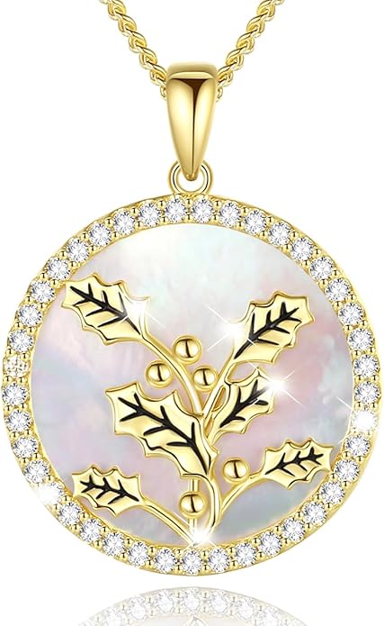 AGVANA Valentines Day Gifts Sterling Silver Birth Flower Necklace for Women Genuine Mother of Pearl CZ Round Disc Pendant Necklace Fine Jewelry Anniversary Birthday Gifts for Women Wife Mom Her