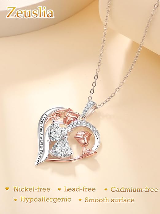 Zeuslia Double Birthstone Necklace Gifts for Wife - 925 Sterling Silver Sunflower/Rose/Crown Cross/Compass/Heart Pendant I Love You Necklace, Anniversary Birthday Gifts for Wife Girlfriend Mom Her