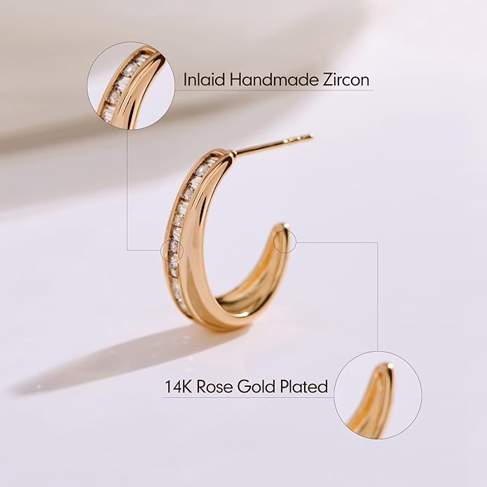 14K Gold & Rose Gold Hoop Earrings for Women, Chunky Huggie Half Hoops Earrings, Hypoallergenic Non Tarnish Cubic Zirconia Trendy Minimalist Everyday Jewelry Gift