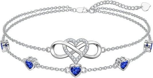 Dorunmo 925 Sterling Silver Infinity Heart Birthstone Anklet Bracelets for Women Best Mother's Day Birthday Jewelry for Wife Girlfriend Mom Her