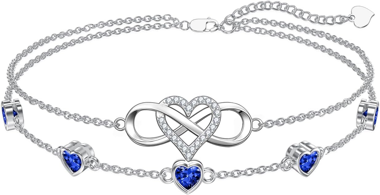 Dorunmo 925 Sterling Silver Infinity Heart Birthstone Anklet Bracelets for Women Best Mother's Day Birthday Jewelry for Wife Girlfriend Mom Her