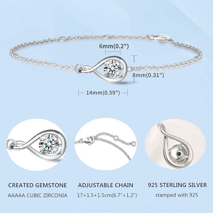 FANCIME Love Bracelet 925 Sterling Silver Infinity Birthstone Bracelets for Women Fine Jewelry Birthday Christmas Gifts for Her Mom Wife, Chain Length 6.7"+1.2" Extend