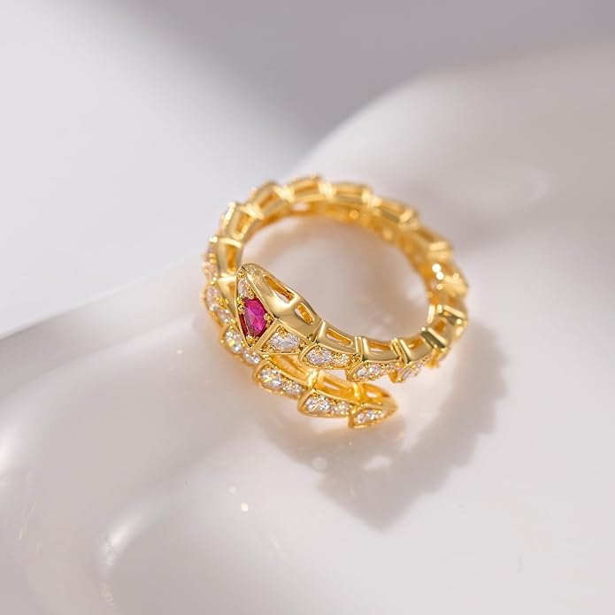 Aura & lrena Adjustable Snake Rings for Wome, 18K Gold or Platinum Plating Open-Ended Ring with AAA Cubic Zirconia Fashion Jewelry, Statement Gift Design Rings for Men and Women Non Tarnish