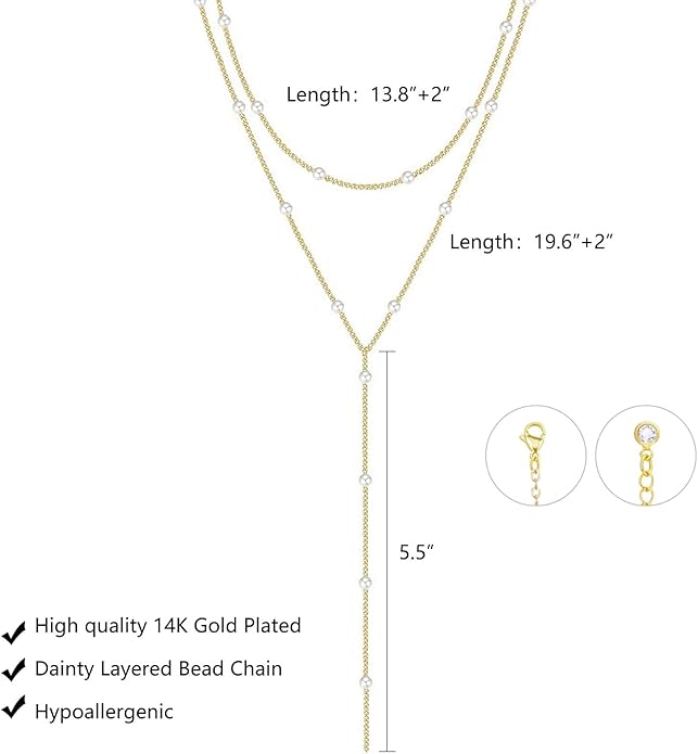 Gold Necklace for Women Trendy Lariat Y Necklace Dainty 14k Gold Plated/Silver Long Necklaces for Women Layered Beaded Drop Necklaces Simple Y-Shaped Chain Jewelry Gifts