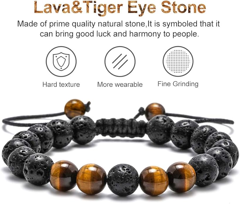 M MOOHAM Natural Stone Bracelets for Men - 8mm Tiger Eye, Matte Agate, Lava Rock - Teen Boys Gifts for Birthday, Anniversary, Christmas
