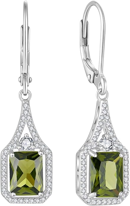 Emerald Cut Dangle Drop Earrings 925 Sterling Silver Halo Rectangular Leverback Earrings Birthstone Jewelry for Women