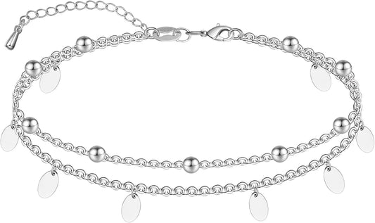 CHIC & ARTSY 925 Sterling Silver Ankle Bracelet Multilayer Anklets for Women Satellite, Star, Cross, Circle, Butterfly, Teardrop, Oval Disk Layered Anklet Beach Jewelry