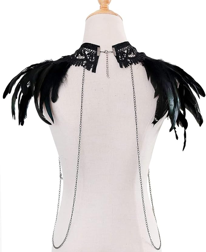 L'VOW Real Black Feather Harness Lace Collar Necklace Bib Halloween