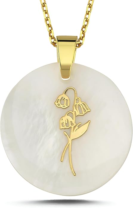 ONTHOLOGIE Birth Month Flower Necklace on Natural Mother of Pearl, 925K Sterling Silver Pendant Birth Flower Necklace, Personalized Birth Month Jewelry, Meaningful Gift for Women