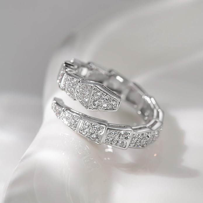 Aura & lrena Adjustable Snake Rings for Wome, 18K Gold or Platinum Plating Open-Ended Ring with AAA Cubic Zirconia Fashion Jewelry, Statement Gift Design Rings for Men and Women Non Tarnish