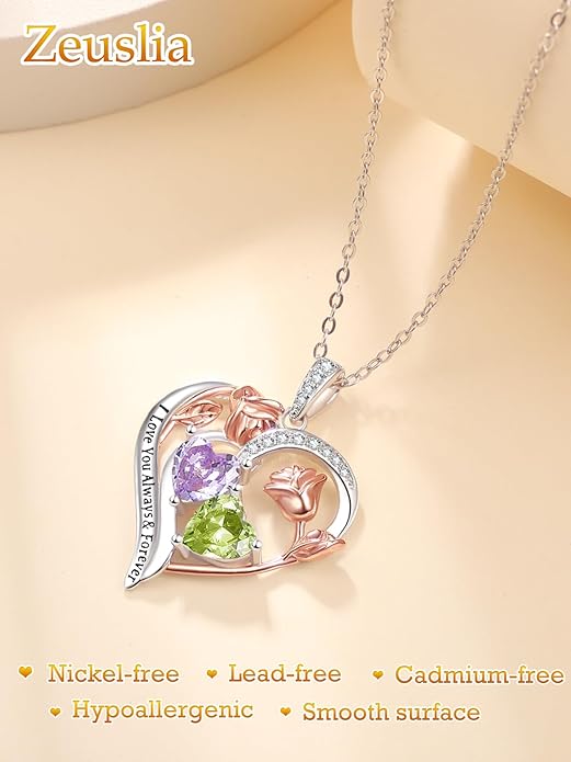 Zeuslia Double Birthstone Necklace Gifts for Wife - 925 Sterling Silver Sunflower/Rose/Crown Cross/Compass/Heart Pendant I Love You Necklace, Anniversary Birthday Gifts for Wife Girlfriend Mom Her