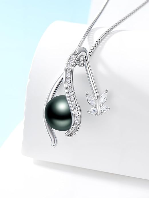 KANNSOAR Tahitian Black Pearl 18K White Gold Plated Sterling Silver Heart/Infinity/Four Leaf Clover Pendant Necklace Jewelry Gifts for Women Wife Mom Girlfriend Wedding Birthday Anniversary Christmas