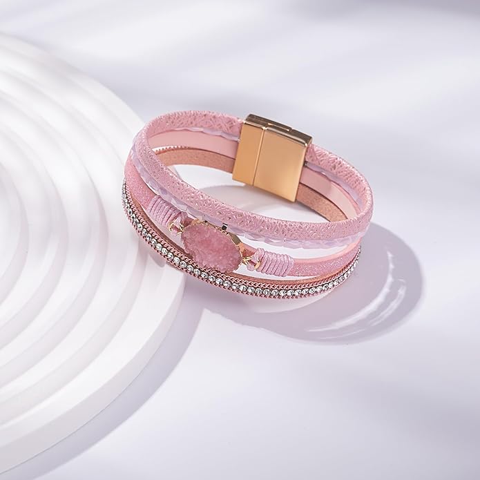 FANCY SHINY Leather Wrap Bracelet Boho Cuff Bangle Bracelets Crystal Bead Bracelet with Magnetic Clasp Jewelry Gifts for Women