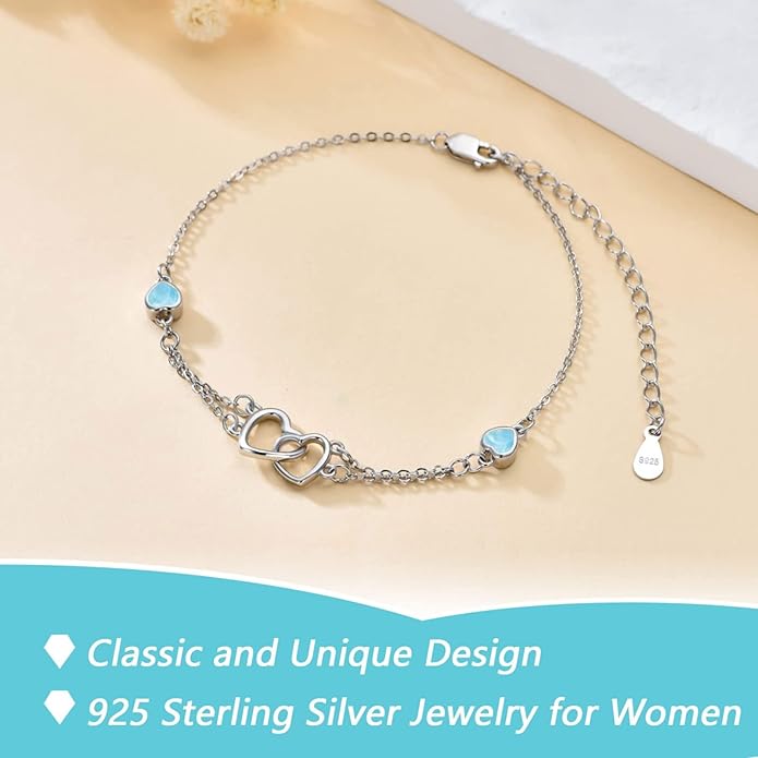 Dorunmo Anklet/Bracelet for Women 925 Sterling Silver Birthstone Jewelry Cubic Zirconia Double Heart Chain Jewelry for Mom Wife Friend Bride Valentine's Day Christmas Birthday Mother's Day