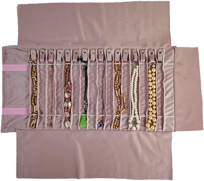 SCIKHEFT Portable Jewelry Roll Untangled Secure Necklace Travel Storage Bag Displays Holder 16 Chain (Embroidery Pink Velvet)