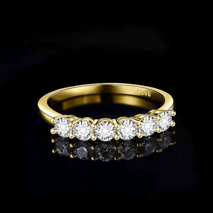 JewelryPalace 6 Stone Cubic Zirconia Half Eternity Stackable Wedding Rings for Women, 14K White Yellow Rose Gold Plated 925 Sterling Silver Promise Rings for Her, Simulated Diamond Wedding Band Ring