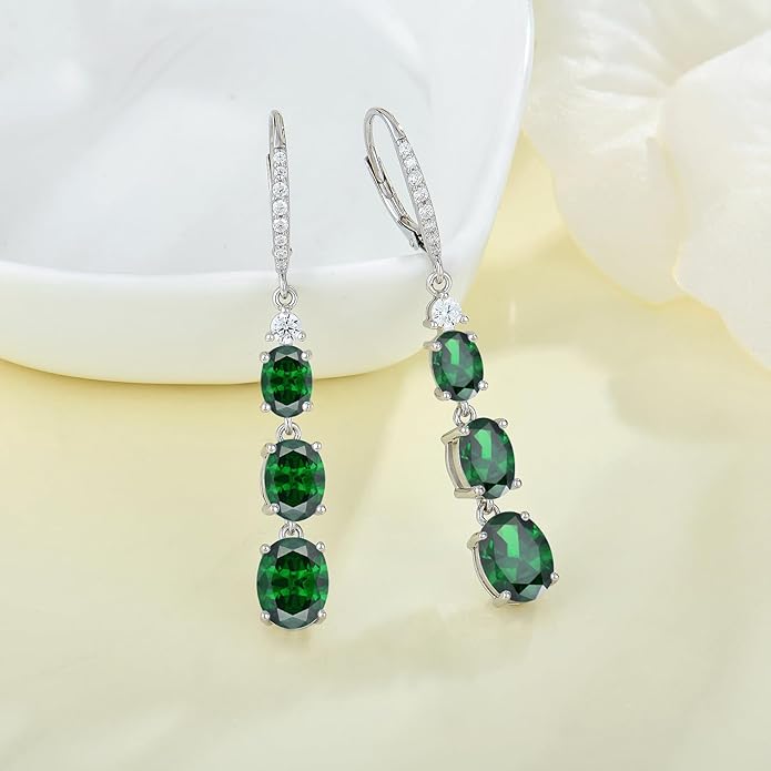 Women 925 Sterling Silver Birthstone 3-stone Leverback Drop Dangle Earrings 5A Cubic Zirconia Jewelry for Her