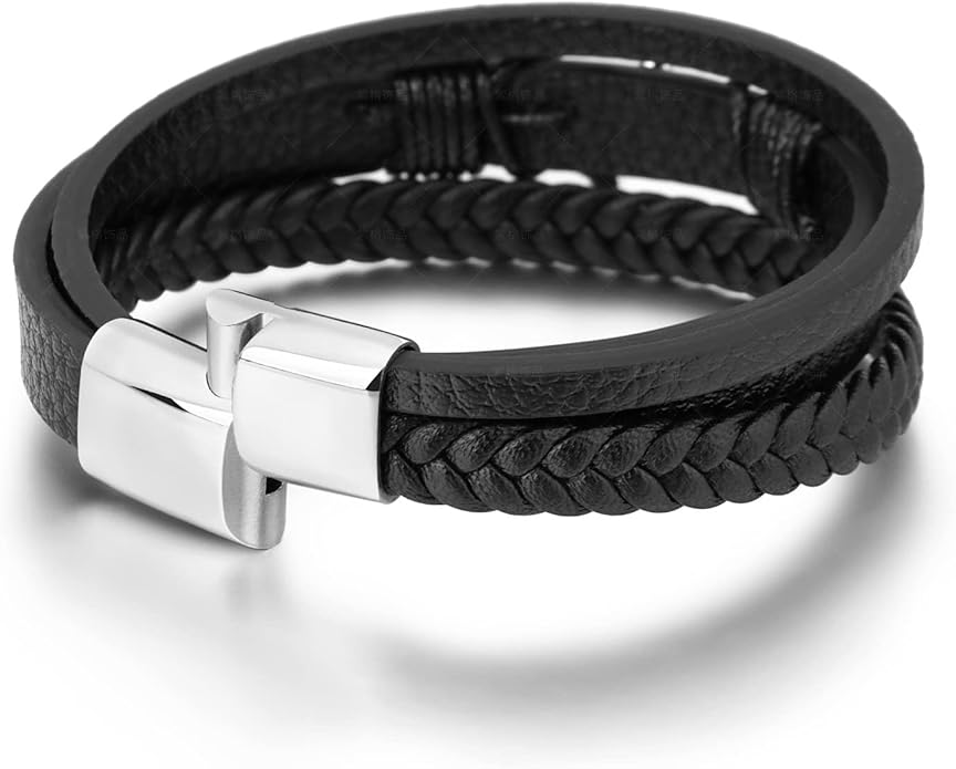 Italian Handmade Genuine Leather Bracelets for Men Stainless Steel Clip, Men's Casual Genuine Multi-layer Cuff Bracelet, Bracelet Gift for Real Men