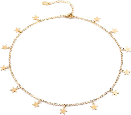 Gold Choker Necklaces 14K Gold Plated/Silver Disc Choker Necklaces Dangling Star Heart Pendant Necklaces Summer Beach Boho Necklaces Aesthetic Necklace Gift for Women
