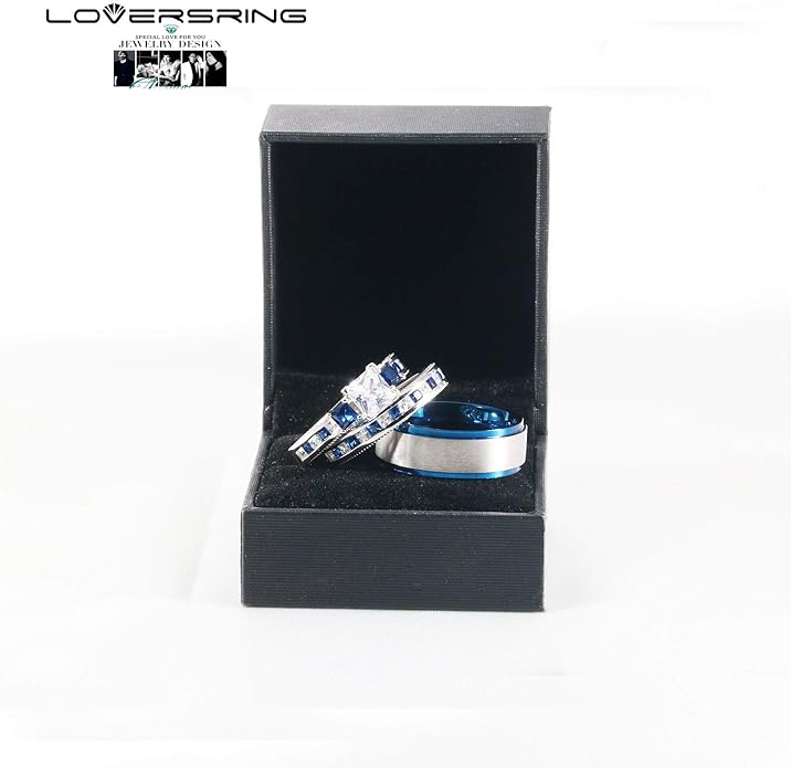 TWO RINGS Wedding Ring Sets His And Hers Promise Ring Couples Bridal Sets Women 925 Sterling Silver square Cz Man Stainless Steel Brushed Finished Wedding Bands