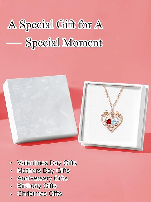 JIYVY32 Rose Heart Necklace for Women Exquisite 925 Sterling Silver Anniversary Birthday Gifts for Wife Mom Her Double Birthstone Pendant Jewelry