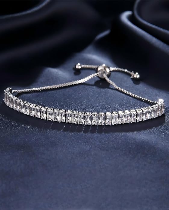 Italian Sterling Silver Women's Tennis Bracelets | Ladies' Sterling Silver Rope Adjustable Bracelet with Crystals | Gift for She