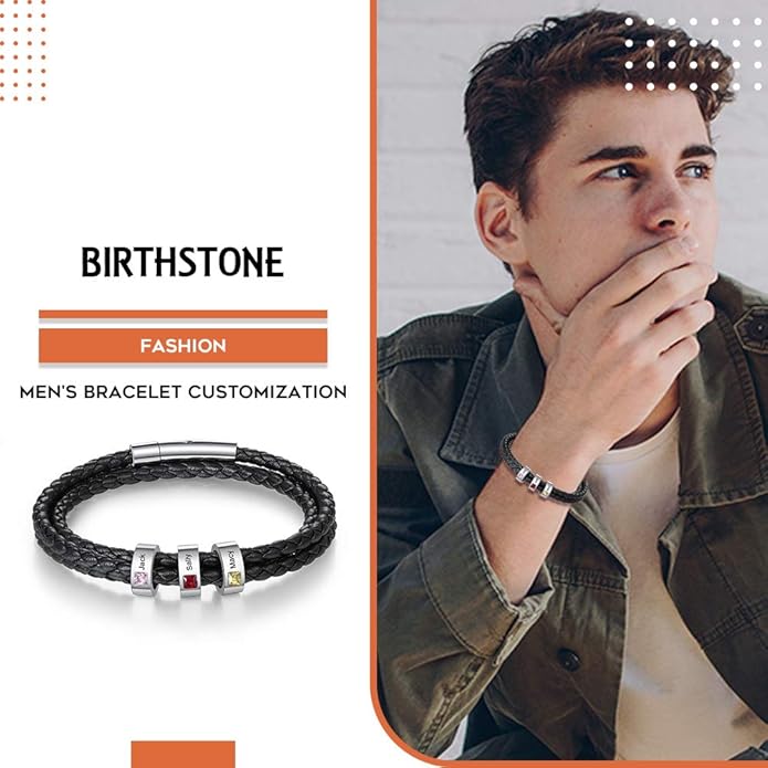 kaululu Custom Leather Bracelet for Men with 1/2/3/4/5/6/7/8 Birthstones Engraved Stainless Steel Beads Personalized Names Bracelet for Father's Day Christmas Thanksgiving Gift for Men