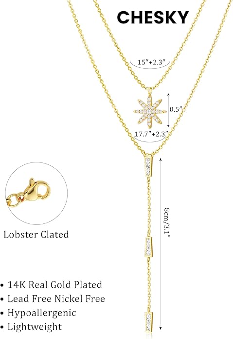 CHESKY Lariat Gold Necklace for Women Trendy, Dainty Long Necklace 14k Gold Plated/Silver Y-Shaped Pendant Necklace Layered Cz Beaded Chain Drop Necklaces Simple Gold Jewelry For Women Gift